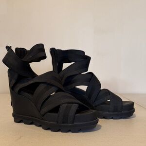 Sorel Black Strappy Wedge Sandals